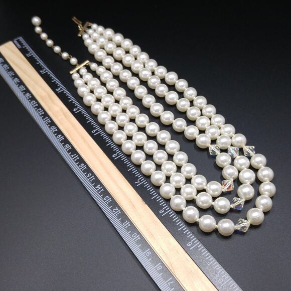 Vintage Japan Pearl Necklace 3 Strand AB Crystals 1950s - Picture 6 of 10